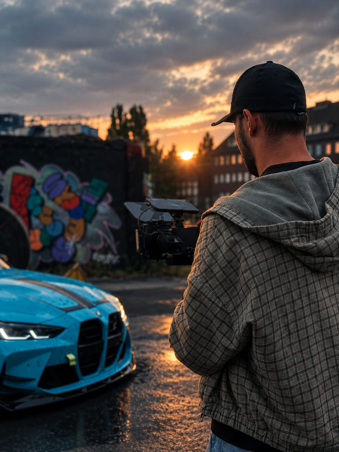 Dreh bei Sonnenuntergang: Kamera mit Monitor vor einem hellblauen BMW
